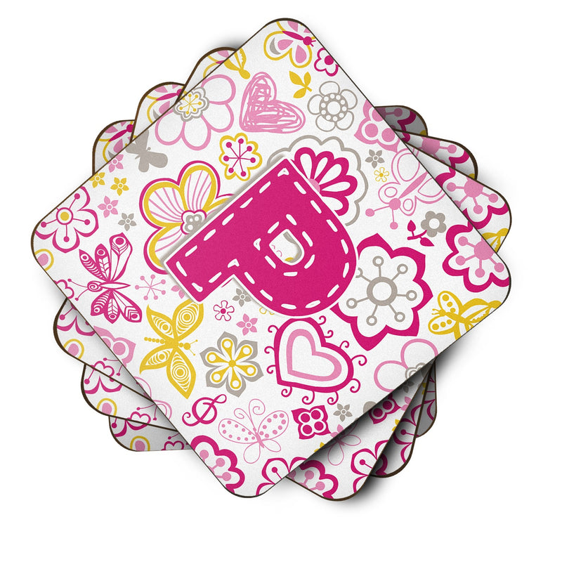 Set of 4 Letter P Flowers and Butterflies Pink Foam Coasters CJ2005-PFC