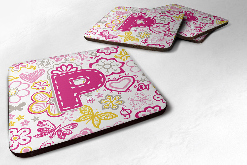 Set of 4 Letter P Flowers and Butterflies Pink Foam Coasters CJ2005-PFC