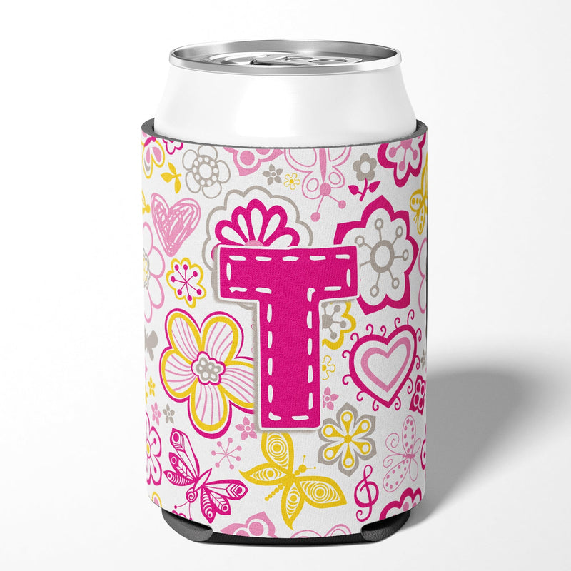 Letter T Flowers and Butterflies Pink Can or Bottle Hugger CJ2005-TCC