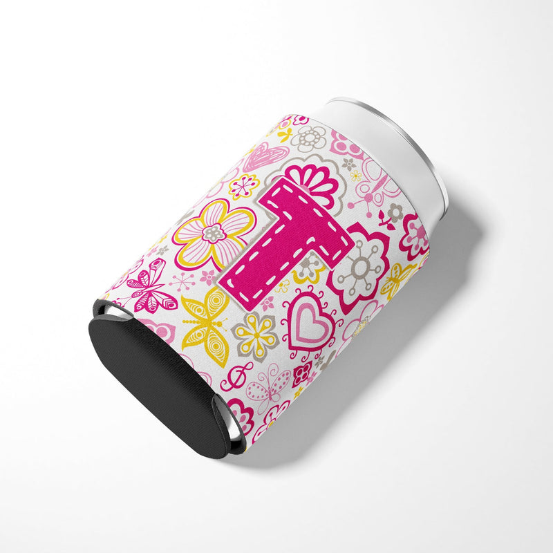 Letter T Flowers and Butterflies Pink Can or Bottle Hugger CJ2005-TCC