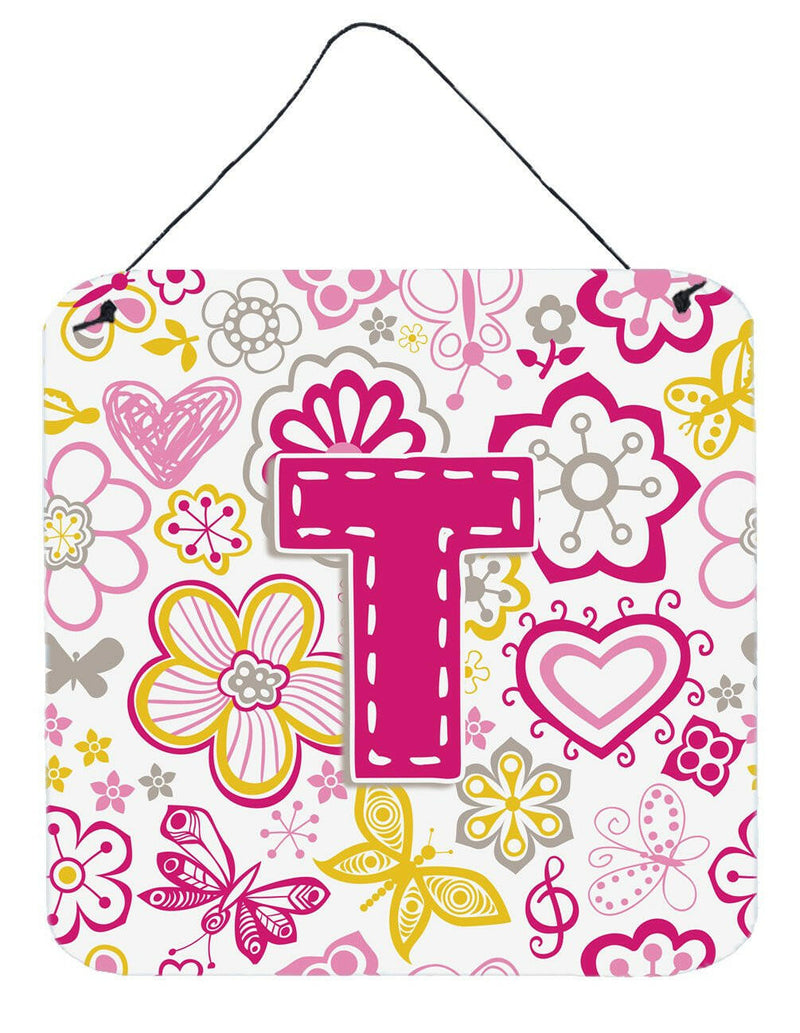 Letter T Flowers and Butterflies Pink Wall or Door Hanging Prints CJ2005-TDS66