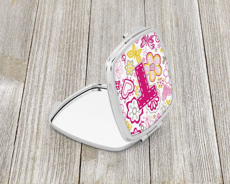 Letter T Flowers and Butterflies Pink Compact Mirror CJ2005-TSCM