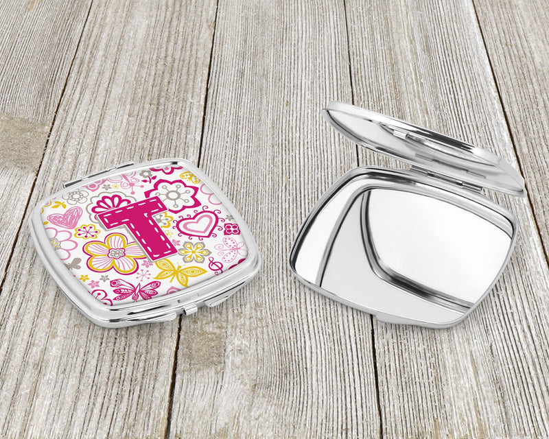 Letter T Flowers and Butterflies Pink Compact Mirror CJ2005-TSCM