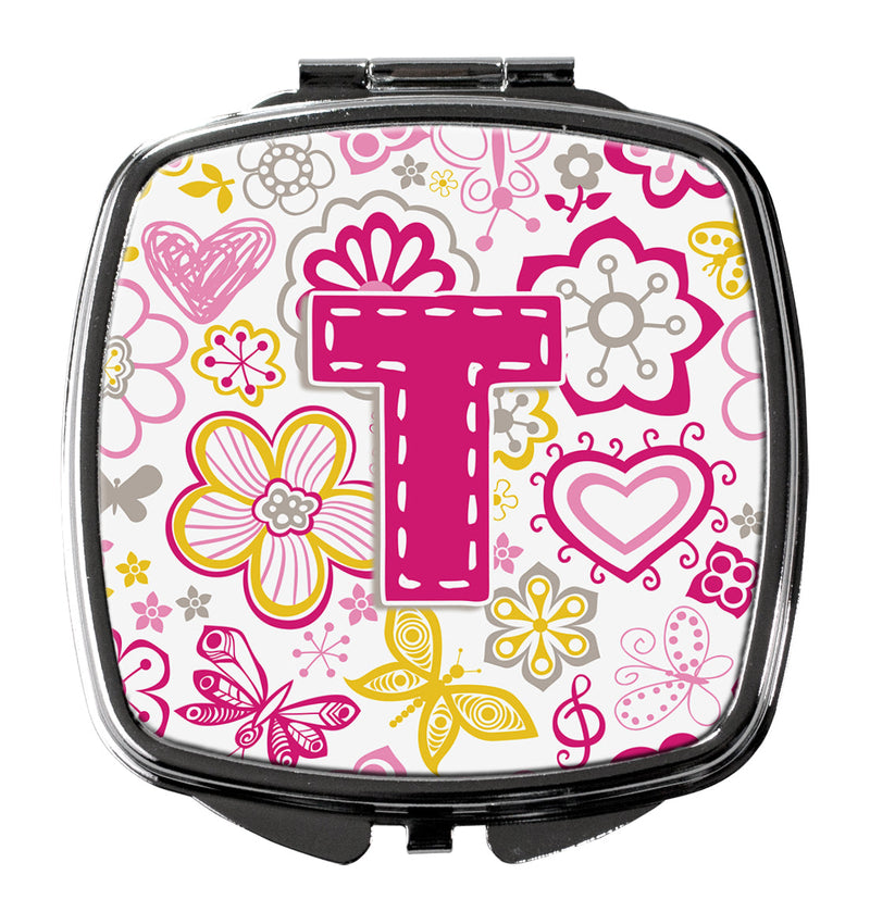 Letter T Flowers and Butterflies Pink Compact Mirror CJ2005-TSCM