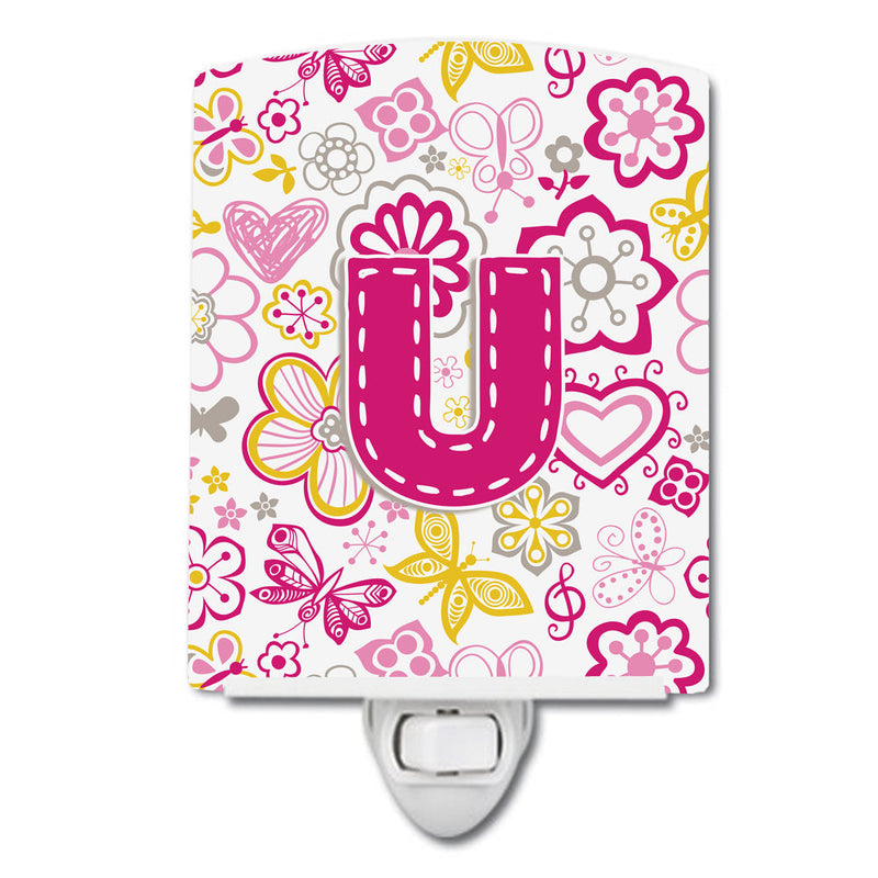 Letter U Flowers and Butterflies Pink Ceramic Night Light CJ2005-UCNL