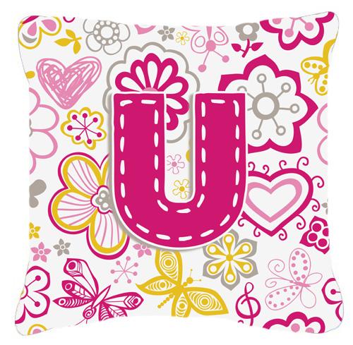 Letter U Flowers and Butterflies Pink Canvas Fabric Decorative Pillow