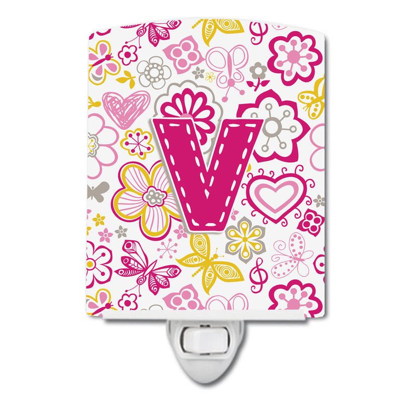 Letter V Flowers and Butterflies Pink Ceramic Night Light CJ2005-VCNL