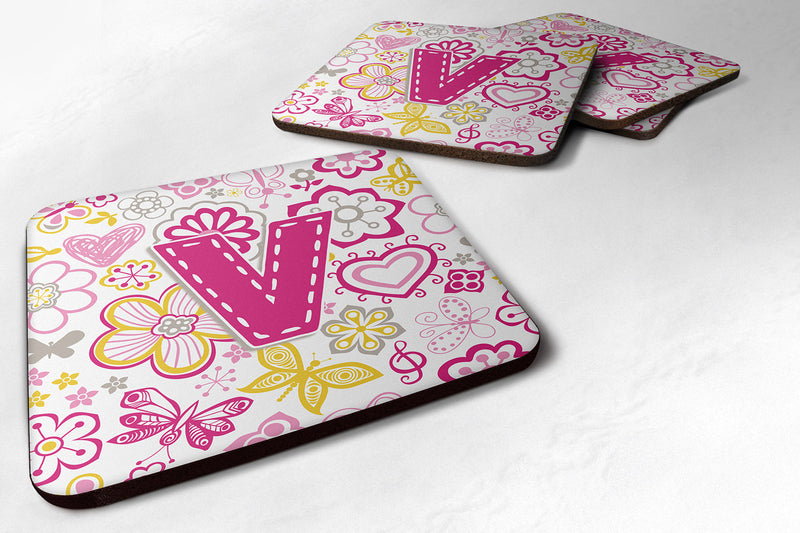 Set of 4 Letter V Flowers and Butterflies Pink Foam Coasters CJ2005-VFC