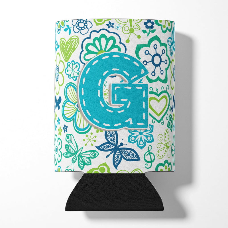 Letter G Flowers and Butterflies Teal Blue Can or Bottle Hugger CJ2006-GCC