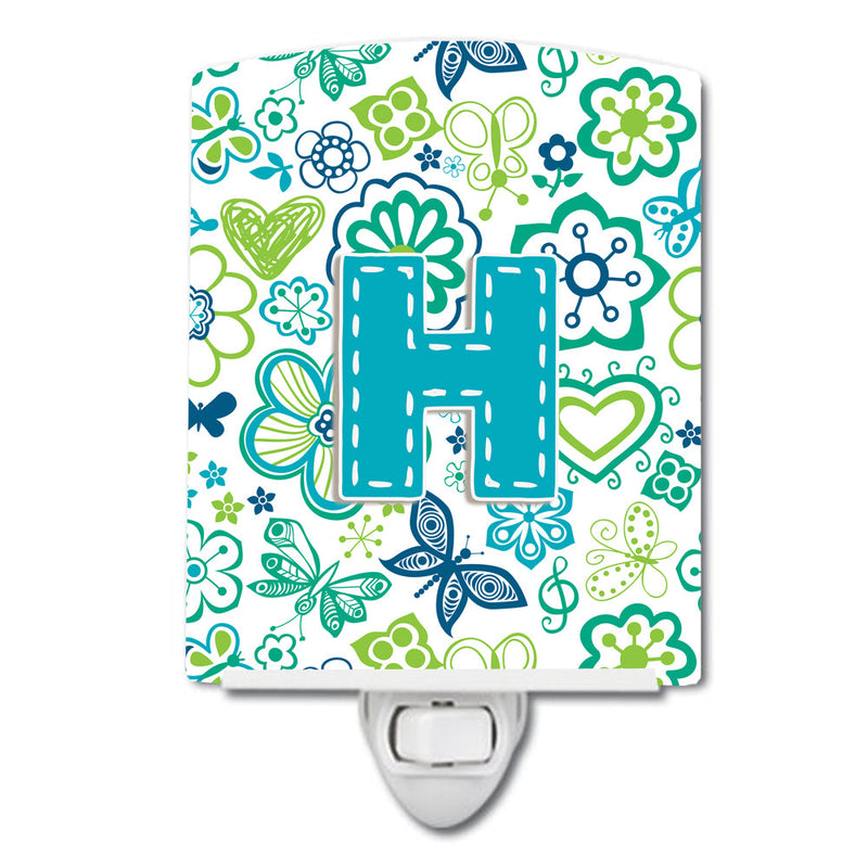 Letter H Flowers and Butterflies Teal Blue Ceramic Night Light CJ2006-HCNL