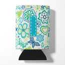 Letter I Flowers and Butterflies Teal Blue Can or Bottle Hugger Cooler Sleeve for Standard 12 oz Cans, Insulated Foam Beer & Soda Can Hugger Reusable