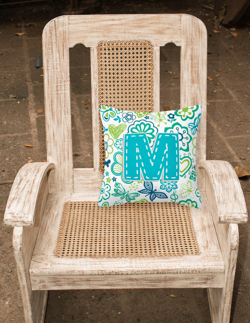 Letter M Flowers and Butterflies Teal Blue Canvas Fabric Decorative Pillow CJ2006-MPW1414