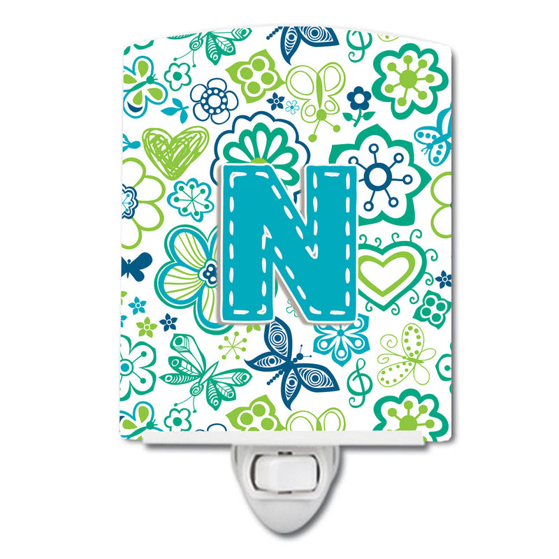 Letter N Flowers and Butterflies Teal Blue Ceramic Night Light CJ2006-NCNL