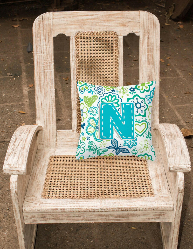 Letter N Flowers and Butterflies Teal Blue Canvas Fabric Decorative Pillow CJ2006-NPW1414