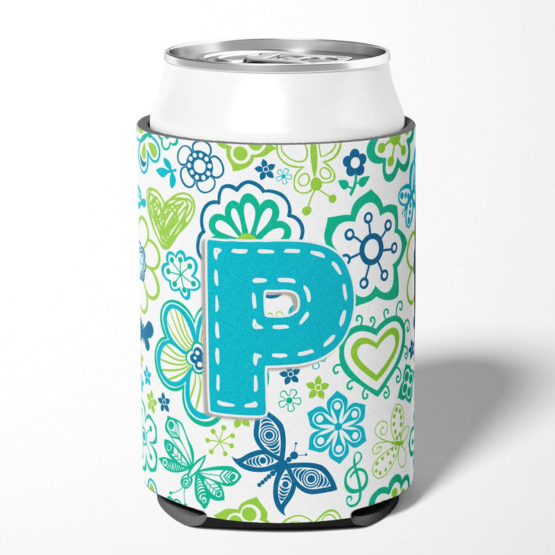 Letter P Flowers and Butterflies Teal Blue Can or Bottle Hugger CJ2006-PCC