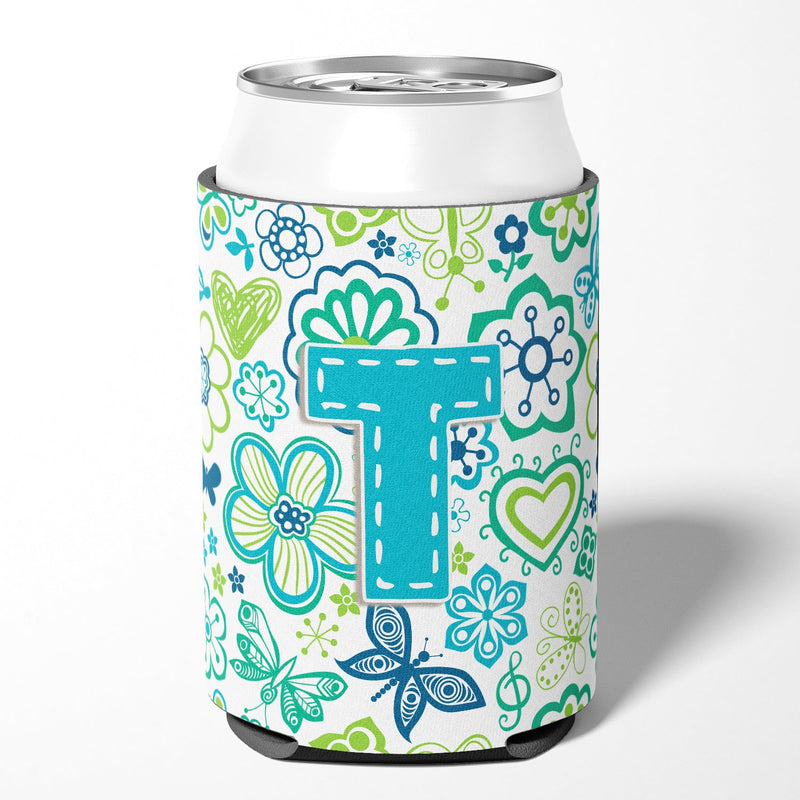 Letter T Flowers and Butterflies Teal Blue Can or Bottle Hugger CJ2006-TCC