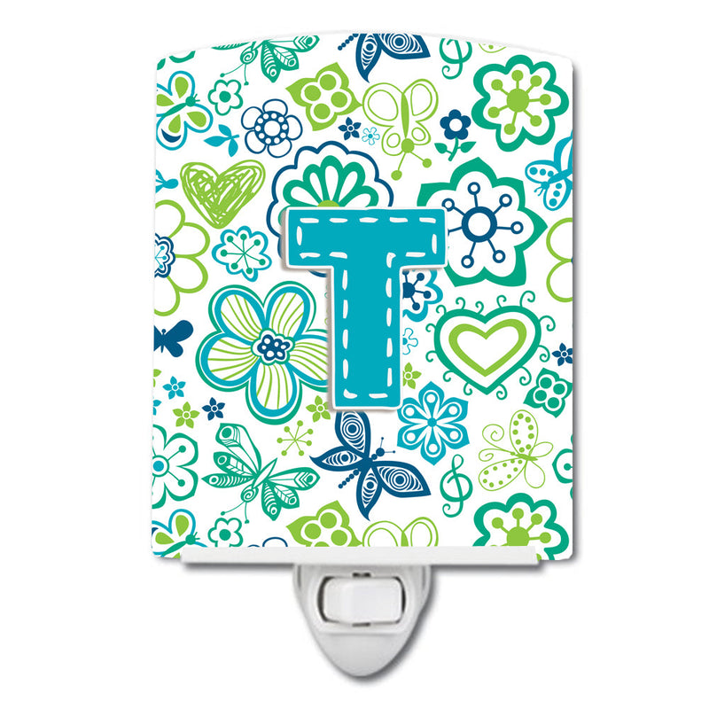 Letter T Flowers and Butterflies Teal Blue Ceramic Night Light CJ2006-TCNL