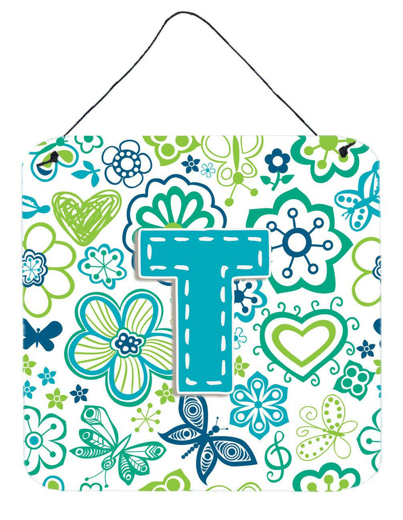 Letter T Flowers and Butterflies Teal Blue Wall or Door Hanging Prints CJ2006-TDS66