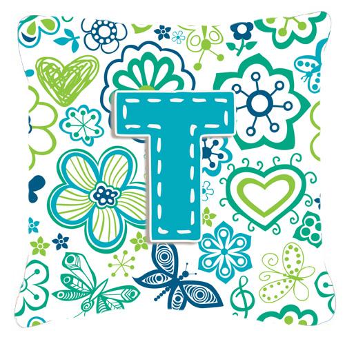 Letter T Flowers and Butterflies Teal Blue Canvas Fabric Decorative Pillow