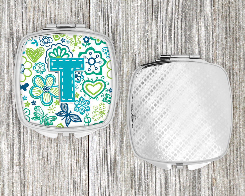 Letter T Flowers and Butterflies Teal Blue Compact Mirror CJ2006-TSCM