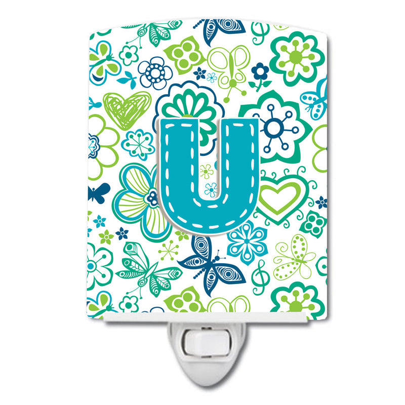 Letter U Flowers and Butterflies Teal Blue Ceramic Night Light CJ2006-UCNL