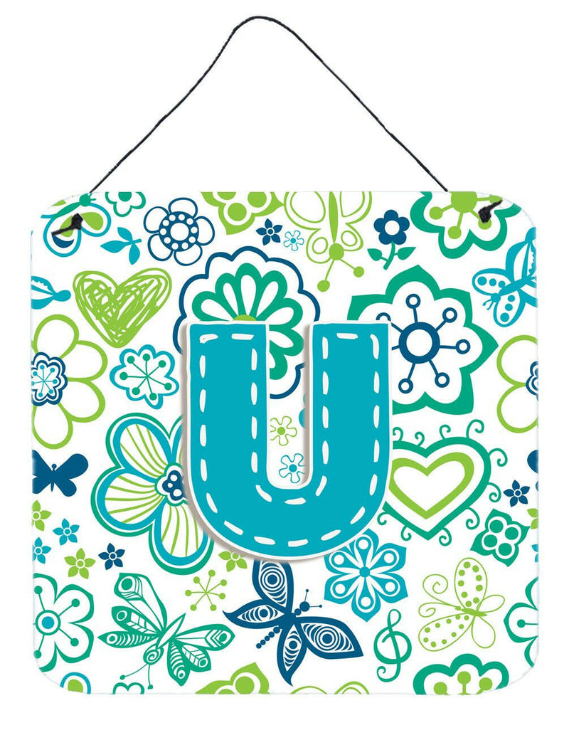 Letter U Flowers and Butterflies Teal Blue Wall or Door Hanging Prints CJ2006-UDS66