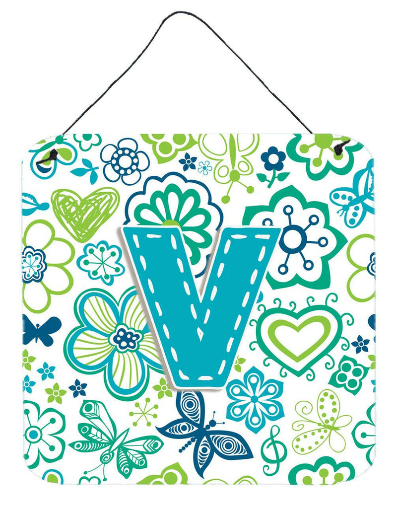 Letter V Flowers and Butterflies Teal Blue Wall or Door Hanging Prints CJ2006-VDS66