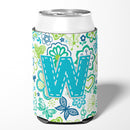 Letter W Flowers and Butterflies Teal Blue Can or Bottle Hugger Cooler Sleeve for Standard 12 oz Cans, Insulated Foam Beer & Soda Can Hugger Reusable