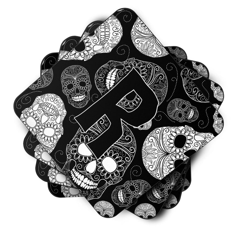 Set of 4 Letter R Day of the Dead Skulls Black Foam Coasters CJ2008-RFC