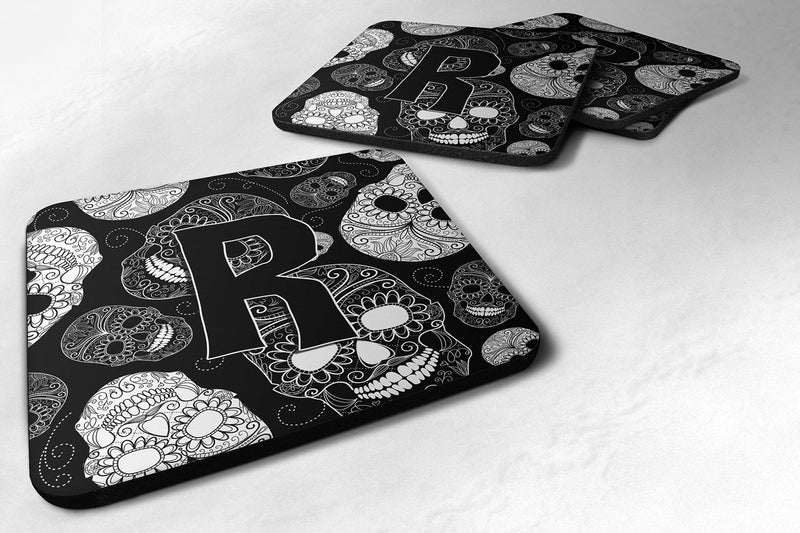 Set of 4 Letter R Day of the Dead Skulls Black Foam Coasters CJ2008-RFC