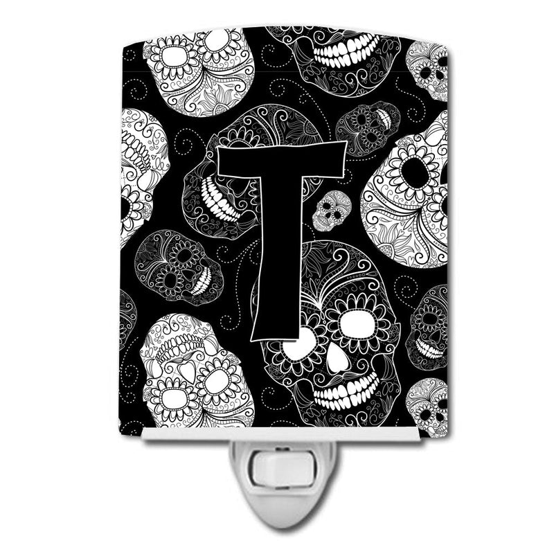 Letter T Day of the Dead Skulls Black Ceramic Night Light CJ2008-TCNL