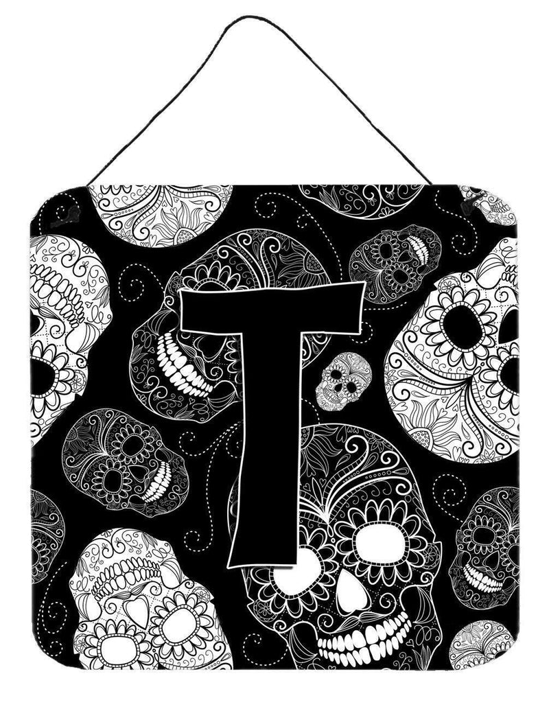 Letter T Day of the Dead Skulls Black Wall or Door Hanging Prints CJ2008-TDS66