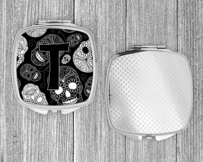 Letter T Day of the Dead Skulls Black Compact Mirror CJ2008-TSCM