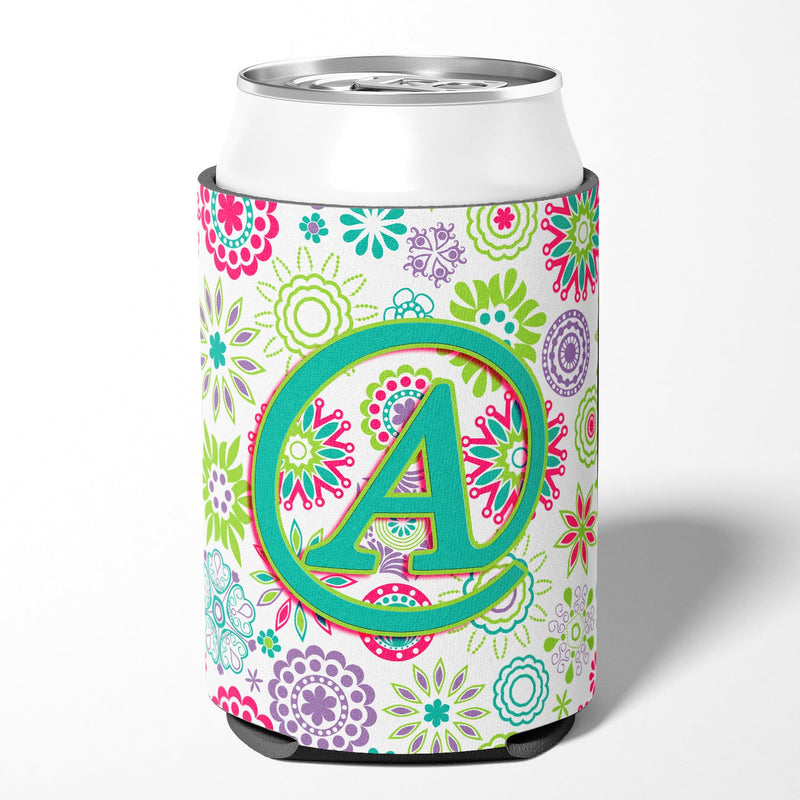 Letter A Flowers Pink Teal Green Initial Can or Bottle Hugger CJ2011-ACC