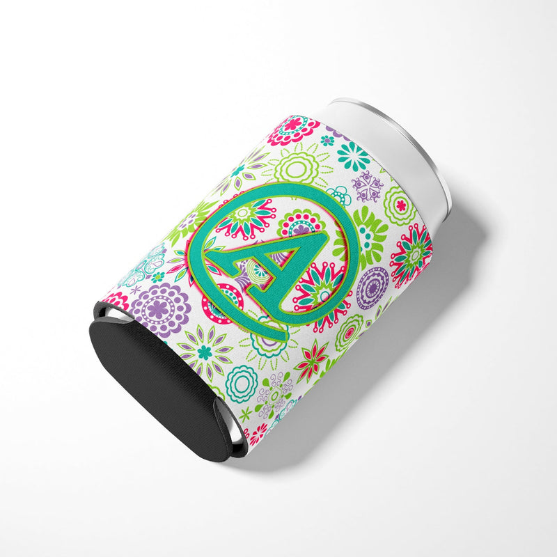 Letter A Flowers Pink Teal Green Initial Can or Bottle Hugger CJ2011-ACC