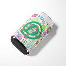 Letter D Flowers Pink Teal Green Initial Can or Bottle Hugger Cooler Sleeve for Standard 12 oz Cans, Insulated Foam Beer & Soda Can Hugger Reusable