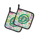Letter D Flowers Pink Teal Green Initial Pot Holder Set of 2 Heat Resistant Quilted Hot Pads 7.5 x 7.5 Inch, Insulated Kitchen Trivets for Cooking & Baking