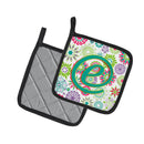 Letter E Flowers Pink Teal Green Initial Pot Holder Set of 2 Heat Resistant Quilted Hot Pads 7.5 x 7.5 Inch, Insulated Kitchen Trivets for Cooking & Baking
