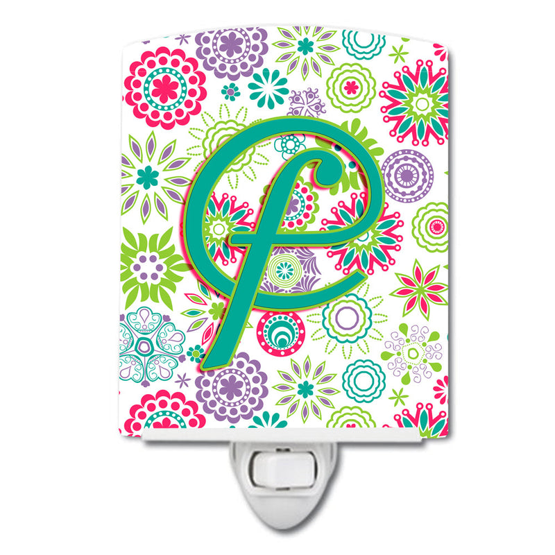 Letter F Flowers Pink Teal Green Initial Ceramic Night Light CJ2011-FCNL