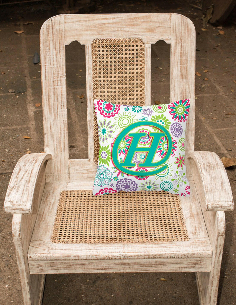 Letter H Flowers Pink Teal Green Initial Canvas Fabric Decorative Pillow CJ2011-HPW1414