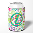 Letter I Flowers Pink Teal Green Initial Can or Bottle Hugger Cooler Sleeve for Standard 12 oz Cans, Insulated Foam Beer & Soda Can Hugger Reusable