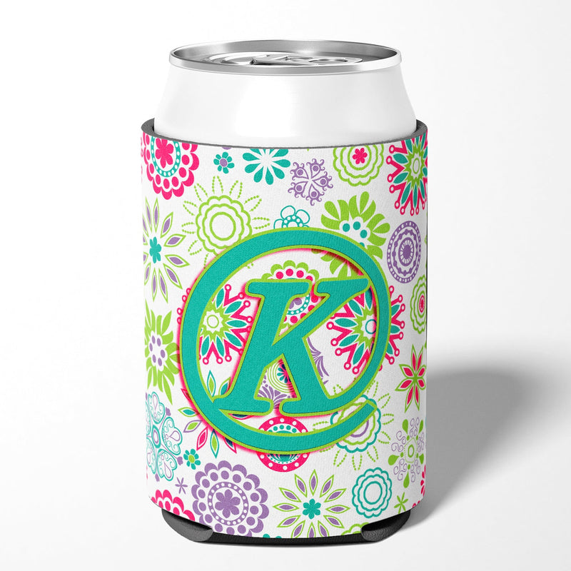 Letter K Flowers Pink Teal Green Initial Can or Bottle Hugger CJ2011-KCC