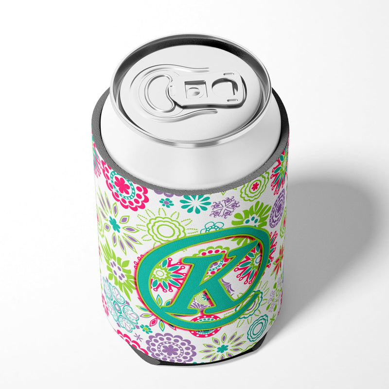 Letter K Flowers Pink Teal Green Initial Can or Bottle Hugger CJ2011-KCC