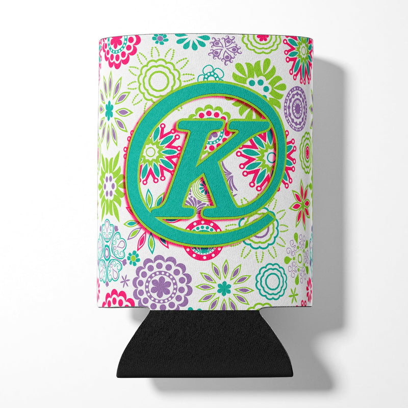 Letter K Flowers Pink Teal Green Initial Can or Bottle Hugger CJ2011-KCC