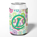 Letter L Flowers Pink Teal Green Initial Can or Bottle Hugger Cooler Sleeve for Standard 12 oz Cans, Insulated Foam Beer & Soda Can Hugger Reusable