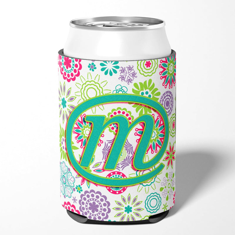 Letter M Flowers Pink Teal Green Initial Can or Bottle Hugger CJ2011-MCC