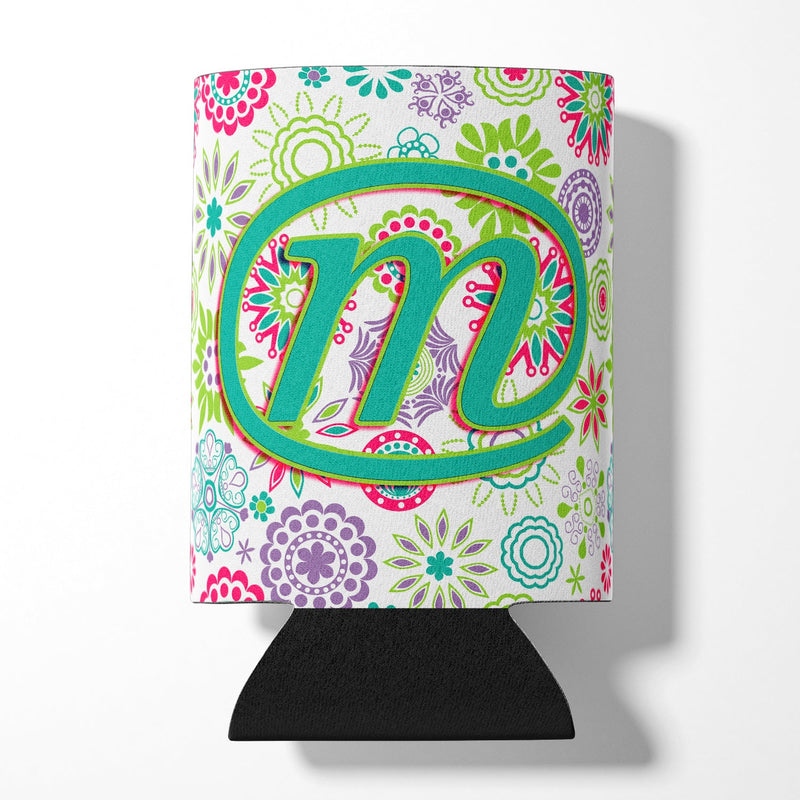 Letter M Flowers Pink Teal Green Initial Can or Bottle Hugger CJ2011-MCC