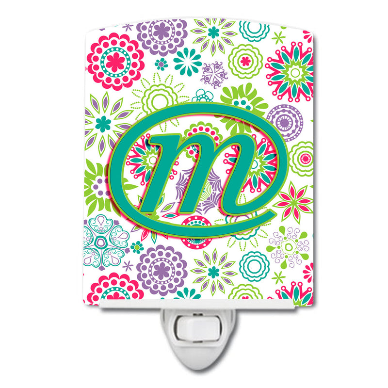 Letter M Flowers Pink Teal Green Initial Ceramic Night Light CJ2011-MCNL