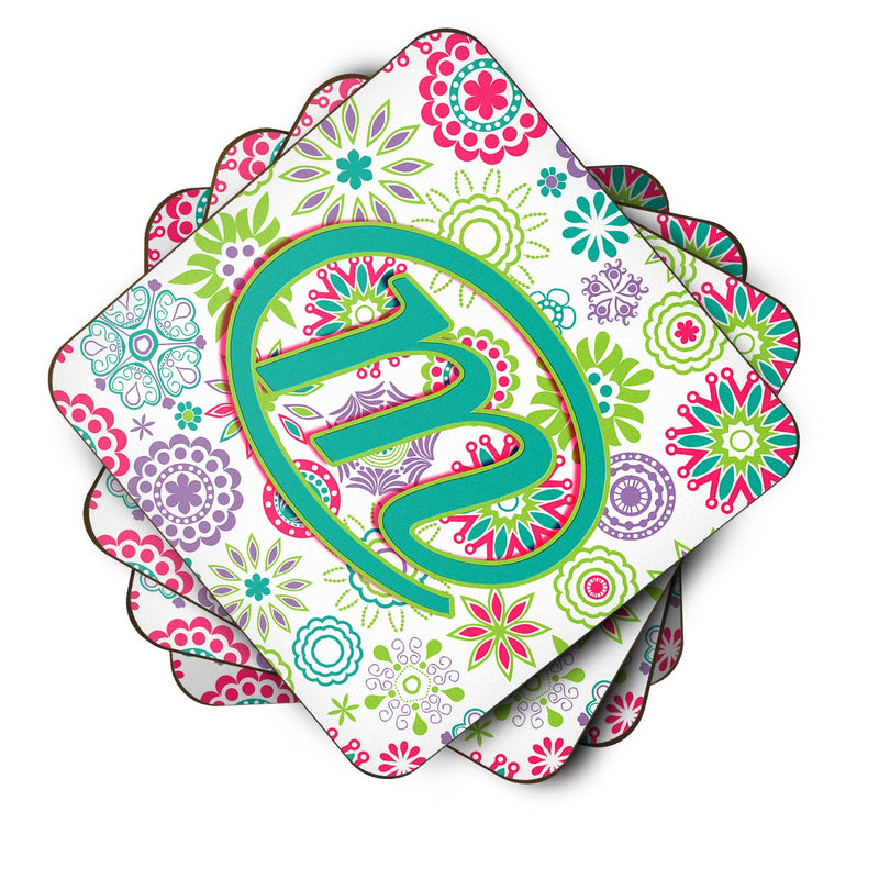 Set of 4 Letter M Flowers Pink Teal Green Initial Foam Coasters CJ2011-MFC