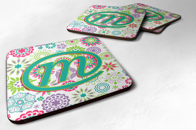 Set of 4 Letter M Flowers Pink Teal Green Initial Foam Coasters CJ2011-MFC